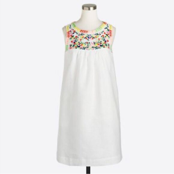 J. Crew Factory Colorful Embroidered White Linen Cotton Blend Sleeveless Dress - Picture 1 of 16
